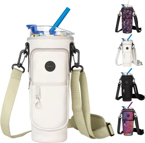 Vista 9 de Soporte para botella de agua con correa para vaso Stanley de 40 onzas con asa, bolsa para botella de agua con bolsillo para teléfono, bolsillo
