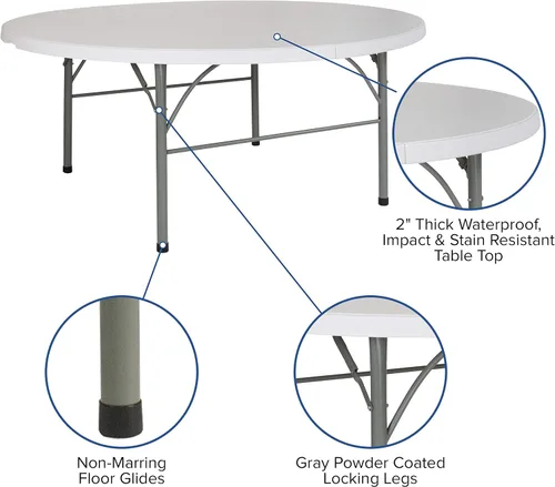 Vista 4 de BizChair Mesa plegable redonda de 6 pies de plástico blanco granito bi-Fold con mango