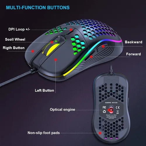 Vista 6 de JYCSTE Wired Gaming Mouse, Computer Mouse Ergonomic Mice Honeycomb Design with RGB Backlight, 6 Buttons, 7200 Adjustable DPI for PCMacLaptop