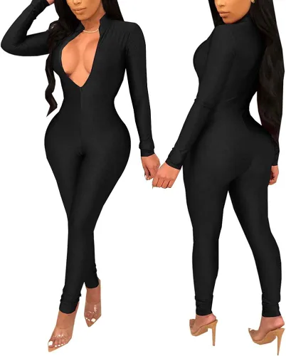 Vista 4 de ECHOINE - Atuendo de una pieza para mujer con manga larga, cremallera, sexy, cuello profundo en v, pantalón largo, para fiestas y clubes, overol