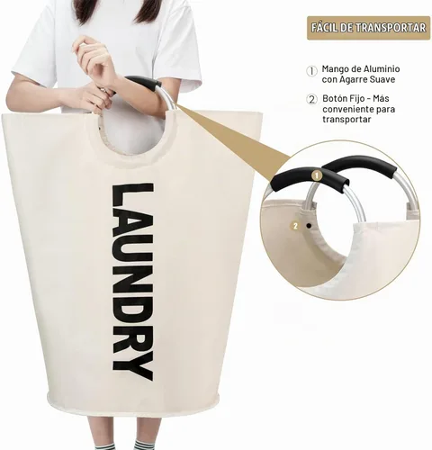 Vista 5 de Maxsilan - Cesta de lavandería grande de 90 L, cesta de ropa alta independiente, bolsa de lavandería plegable, color beige Freestanding tall
