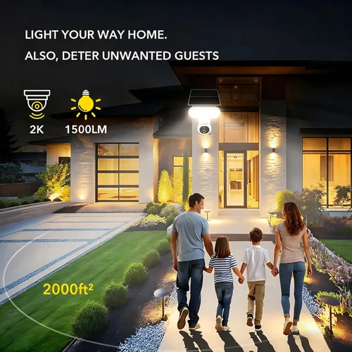 Vista 4 de Cámara de seguridad solar inalámbrica AQUZO, reflector de 1500LM y PTZ 2K Color Night Vision, 64GB SD Included, 2.4G WiFi, Solar+Battery, AI Human