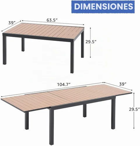 Vista 3 de Soleil Jardin Mesa de Comedor Extensible de Aluminio para Patio, 63" - 105", Mesa Rectangular Ajustable para Interiores y Exteriores con Superficie