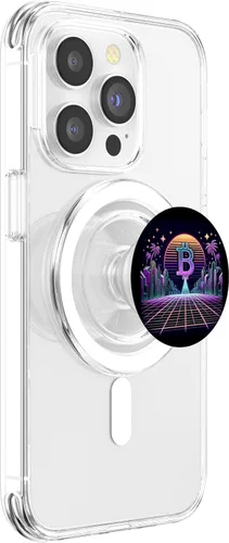 Vista 3 de Retro Crypto City - Synthwave Bitcoin Sunrise Art PopSockets MagSafe PopGrip for iPhone