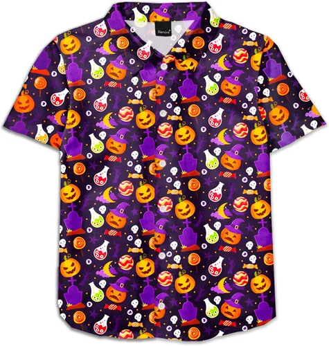 Vista 27 de Remimi Camisa unisex de Halloween para niños, camisetas hawaianas de manga corta con botones feos de 5 a 14 años Christmas Gift