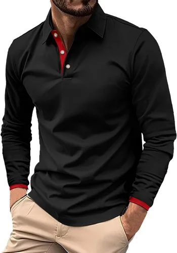 Vista 5 de Camisas polo de manga larga con estampado a rayas para hombre, camiseta de golf para exteriores, cuello en V, camiseta clásica de negocios