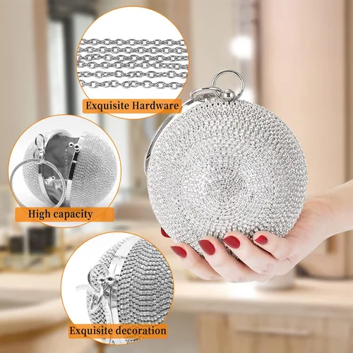 Vista 4 de CORIOS Bolso de mano redondo de cristal para mujer, bolso de noche con diamantes de imitación, lentejuelas brillantes, bolso de hombro