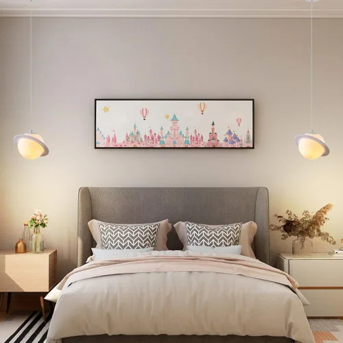 Vista 5 de Lámpara colgante de planeta con anillo de impresión 3D con bolas blancas, lámpara colgante de techo moderna para dormitorio, comedor, mesa