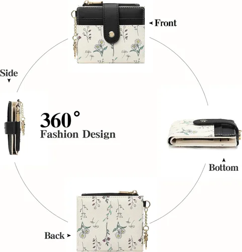 Vista 4 de GAEKEAO - Billetera pequeña para mujer con bloqueo RFID, delgada, de dos pliegues, de cuero floral, tarjetero con bolsillo con cremallera y ventana