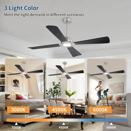 Vista 5 de WINGBO Ventilador de techo CC de 56 pulgadas con luces y control remoto, 4 aspas de madera maciza, 3CCT, motor CC reversible de 6 velocidades