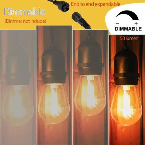 Vista 7 de LOKATSE HOME Tira de luces S14 de 54 pies para exteriores, 15 bombillas Edison (+ 1 repuesto), impermeable, inastillable, base E26, conectable