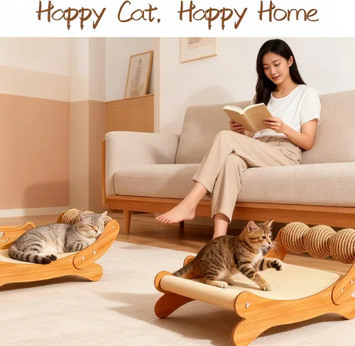 Vista 6 de Cama rascador para gatos de interior, hamaca de madera 3 en 1 para gatos con almohadilla duradera para arañazos y 3 bolas de sisal, base resistente