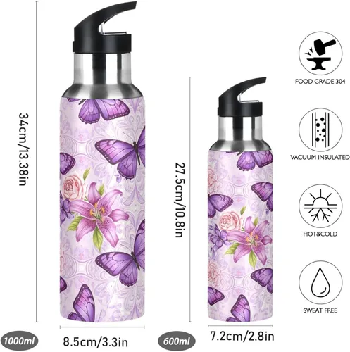 Vista 2 de Purple Butterflies Stainless Steel Water Bottle 20 Oz, BPA-Free Sports Water Bottle Leakproof Water Bottles