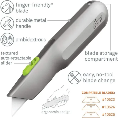 Vista 8 de Cuchillo utilitario con mango de metal, hoja de cerámica amigable con los dedos, se retrae automáticamente para mayor seguridad, mango de metal