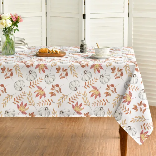 Vista 9 de Horaldaily Mantel rectangular de otoño de 52 x 70 pulgadas, diseño de calabazas y hojas azules de cosecha de otoño de Acción de Gracias