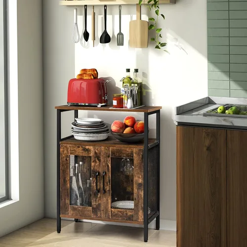 Vista 2 de Giantex Armario industrial para licores con soporte para vidrio, estante extraíble para vino, 2 puertas de malla metálica, aparador pequeño
