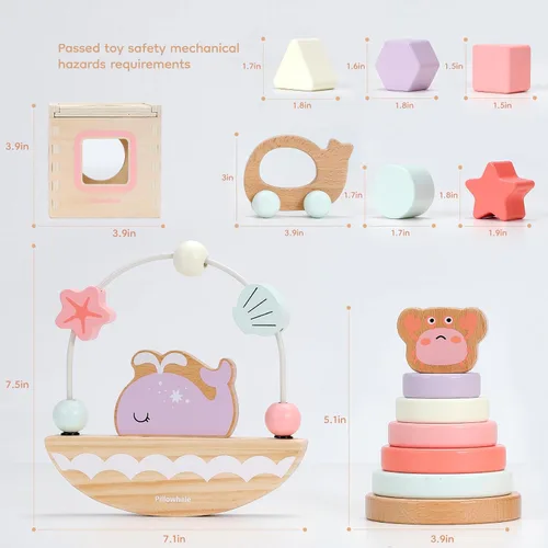 Vista 6 de Pillowhale Juego de juguetes de madera sensorial y educativo para niños pequeños de 1 a 3 años - Anillos para apilar, clasificador de formas, coche