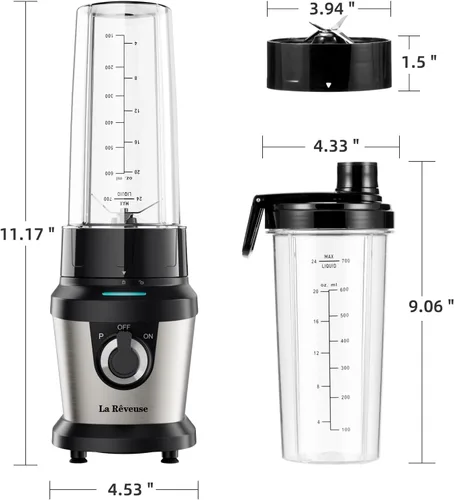 Vista 8 de La Reveuse Licuadora para batidos, 400 W, con 2 tazas de mezcla de 24 onzas y tapas para llevar, sin BPA