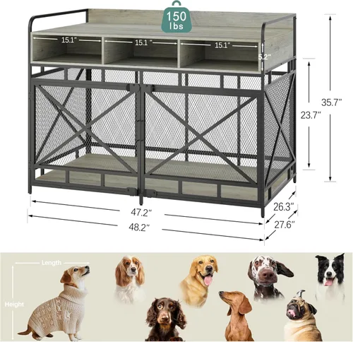 Vista 5 de Fulhope Muebles de Jaula para Perros, Mesa Auxiliar de Jaula para Perros de Madera Resistente de 48", Muebles de Perrera XL para Razas Grandes