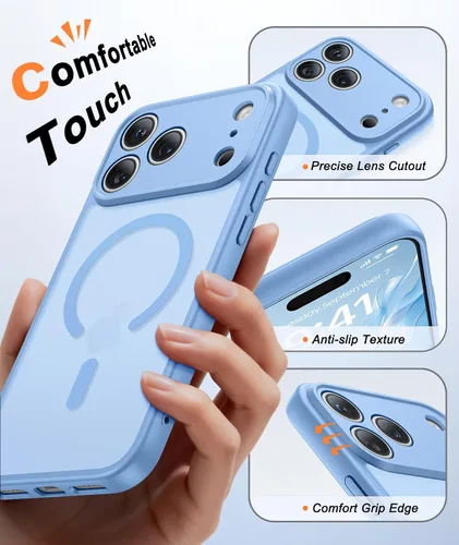 Vista 4 de FNTCASE Funda para iPhone 17 Pro: Fundas delgadas translúcidas de color azul claro compatibles con MagSafe, protección completa de la cámara