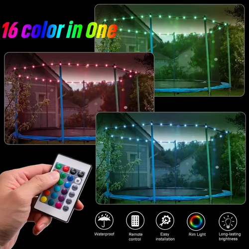 Vista 2 de Luces LED para cama elástica, luces con control remoto para borde de cama elástica de 8 pies, 16 colores que puedes cambiar tú mismo, impermeables
