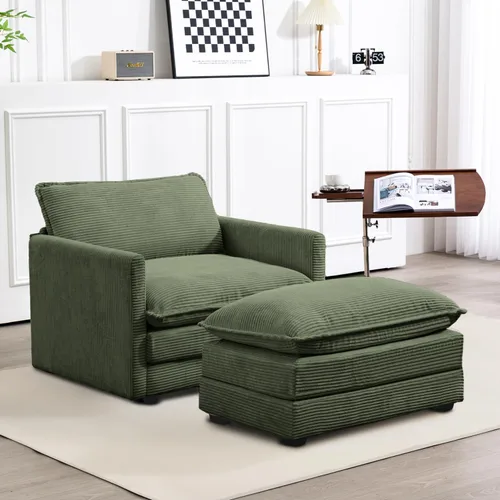 Vista 36 de ROWHY Sillón individual con otomano, sofá moderno de corduroy en forma de nube con chaise convertible, sofá tapizado para sala de estar, beige