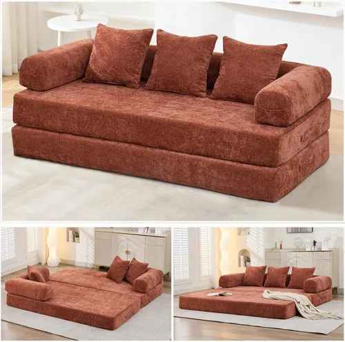 Vista 9 de Sofá cama convertible 4 en 1 de 79 pulgadas, sofás sin hueso, cama plegable de felpilla con cama extraíble, futón de suelo, sofá biplaza modular