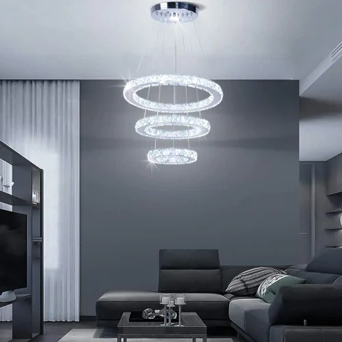 Vista 2 de Lámparas de araña LED de cristal, lámpara colgante moderna para comedor, lámpara de techo ajustable con 3 anillos, de acero inoxidable, blanco frío
