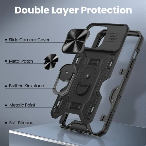 Vista 6 de VEGO - Funda para iPhone 14 Pro Max, funda con función atril para iPhone 14 ProMax, color negro Slide Camera Cover