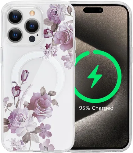 Vista 13 de Funda magnética de flores para iPhone 15 [compatible con MagSafe] Bonito patrón floral transparente a prueba de golpes