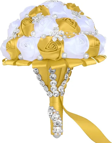 Vista 7 de XINNI Ramo de boda negro para novia, dama de honor, satén con diamantes de imitación y perlas para boda, fiesta de quinceañera, negro y marfil