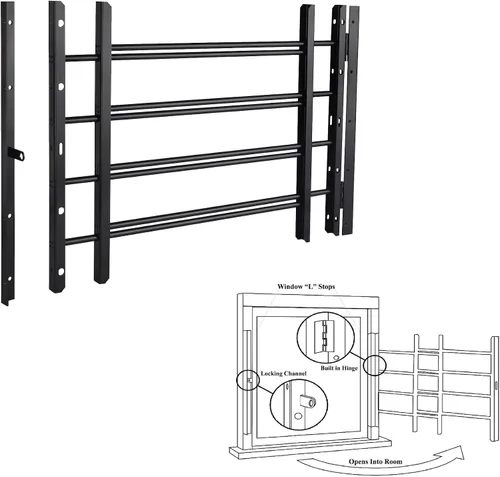 Vista 8 de Grisham PP SPAG Barras de Seguridad para Ventanas con Salida de Liberación Rápida, (Negro, 3 Barras) 14''H x 22''- 42'' de Ancho Ajustable Guardas