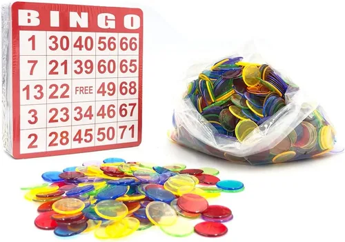 Vista 2 de YH Poker Yuanhe - Juego de tarjetas de bingo – Incluye 100 tarjetas de bingo y 1000 fichas de bingo transparentes coloridas, ideal
