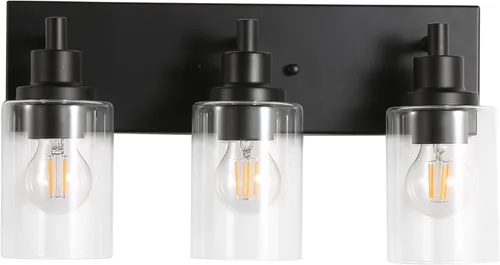 Vista 8 de LOUSACE Lámpara de tocador de baño de 3 luces, lámparas de baño negro mate sobre el espejo, iluminación moderna de baño con pantalla de vidrio