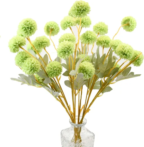 Vista 29 de Mandy's 6 tallos de seda beige Kiku flores de bola Tallos artificiales de crisantemo para decoración del hogar, verano, arreglo floral sintético