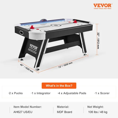 Vista 7 de VEVOR Mesas de hockey de aire de 72 y 89 pulgadas con marcador LED, mesa de juegos 3 en 1 de 88 pulgadas (hockey, billar, ping pong), incluye