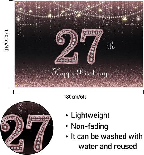 Vista 2 de HAMIGAR Fondo de pancarta de feliz cumpleaños 27 de 6 x 4 pies, decoraciones de cumpleaños de 27 años, suministros de fiesta para mujeres, oro rosa