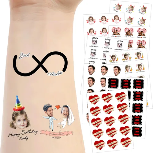 Vista 20 de Tatuajes temporales personalizados para la cara, tatuajes faciales personalizados con nombre de foto, logotipo, texto, calcomanía de tatuaje falsa