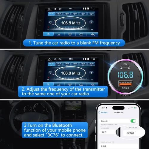Vista 8 de LENCENT - Transmisor Bluetooth 5.3 de metal completo Bluetooth 5.3, carga rápida USB dual de 48 W (PD 30 W y QC3.0 18 W), transmisor de radio FM