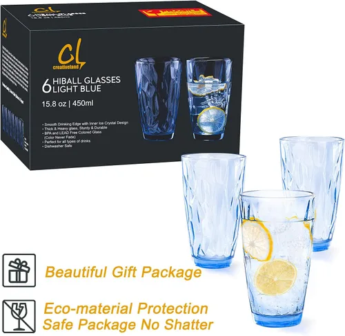 Vista 2 de CREATIVELAND Highball - Juego de 6 vasos de vidrio, color azul claro, para agua, cóctel, jugo, cerveza, café helado, cristalería azul transparente