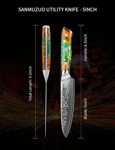 Vista 4 de Cuchillo utilitario de cocina de 5 pulgadas, cuchillos de cocina de la serie Xuan, acero de damasco VG10 con mango de resina (naranja fantasía)