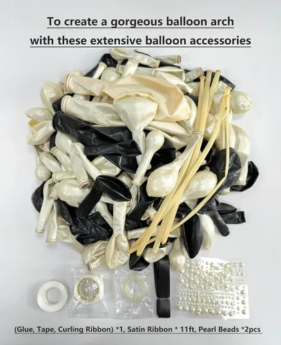 Vista 4 de Kit de arco de globos de 185 piezas negros y de arena de perlas doble relleno con lazos y perlas de imitación, globos negros y blancos