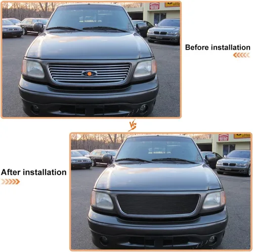 Vista 6 de Inserto de parrilla frontal de aluminio con estilo barra compatible con Ford F-150/Lightning/Harley Davidson 1999-2003 (sin logotipo visible)