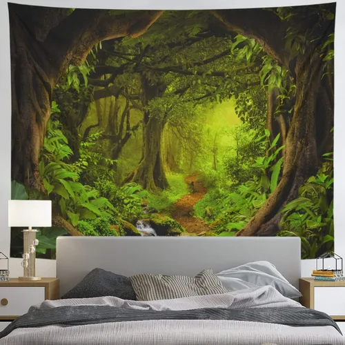 Vista 3 de Tapiz de bosque brumoso, árbol de la vida, tapiz de fantasía, paisaje, naturaleza, decoración de pared, selva tropical, selva, bosque, tapiz
