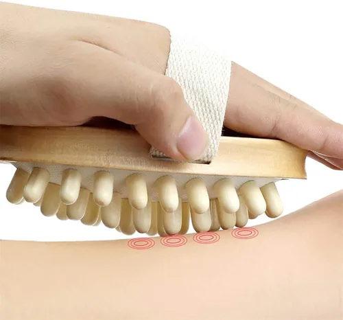 Vista 2 de Cepillo corporal de masaje de madera natural para celulitis y mejora la circulación sanguínea linfática, cepillo seco para quitar la piel muerta