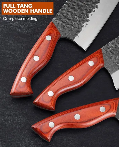 Vista 11 de Juego de cuchillos de carnicero profesional, cuchilla de carne pesada forjada a mano, cuchillo de chef serbio, cuchillo de deshuesado vikingo, juego
