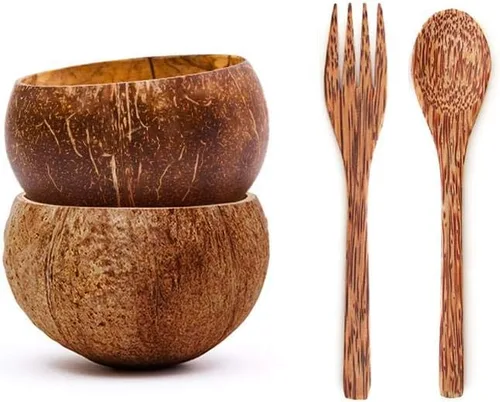 Vista 5 de Rainforest Bowls 2 cuencos de coco pequeños ecológicos (crudo y original) con 2 tenedores de madera de coco, 100% natural, juego de cocina orgánico