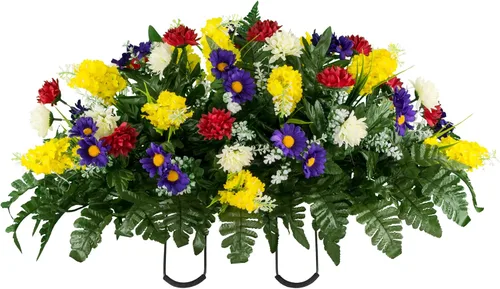 Vista 10 de Sympathy Silks Flores artificiales para cementerios – Decoraciones para tumbas - 1 ramo de flores silvestres de violeta púrpura y naranja, 1 montura