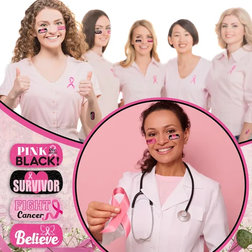 Vista 7 de Landhoow 240 piezas de tatuajes faciales para concientización sobre el cáncer de mama, cinta rosa a granel, tatuaje temporal, purpurina para ojos