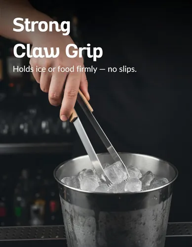 Vista 2 de Pinzas para servir de acero inoxidable de 13.5 pulgadas con mango de madera natural, diseño elegante para hielo, barbacoa, ensalada y bufé, pinzas